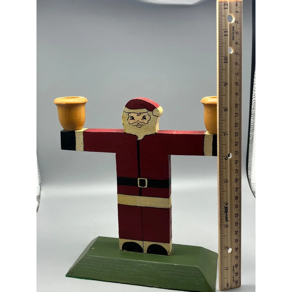 Vintage Hand-painted wooden Santa folk art Candle Holder‎